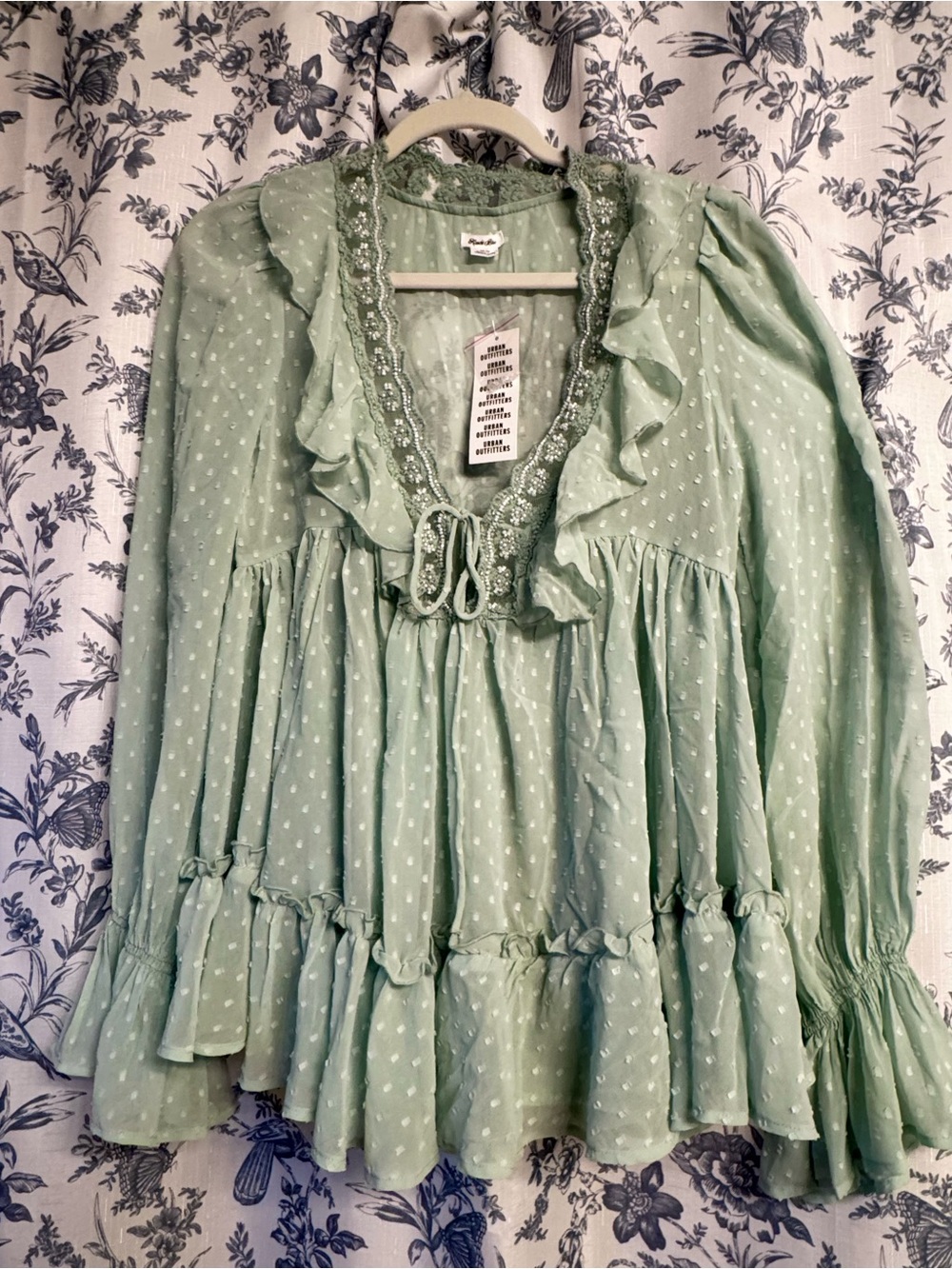 Kimchi Blue Mint Sheer Swiss Dot Ruffle Tie-Front Babydoll Top - Picture 9 of 12